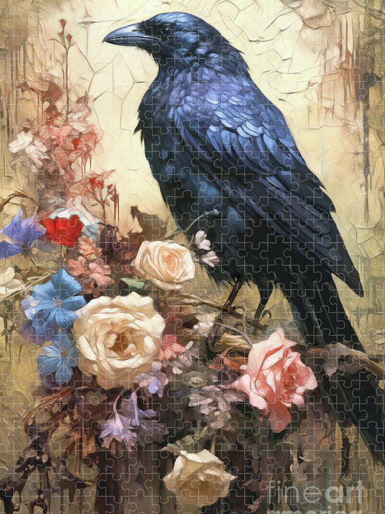 Raven Jigsaw Puzzle featuring the painting Raven And Roses by Tina LeCour