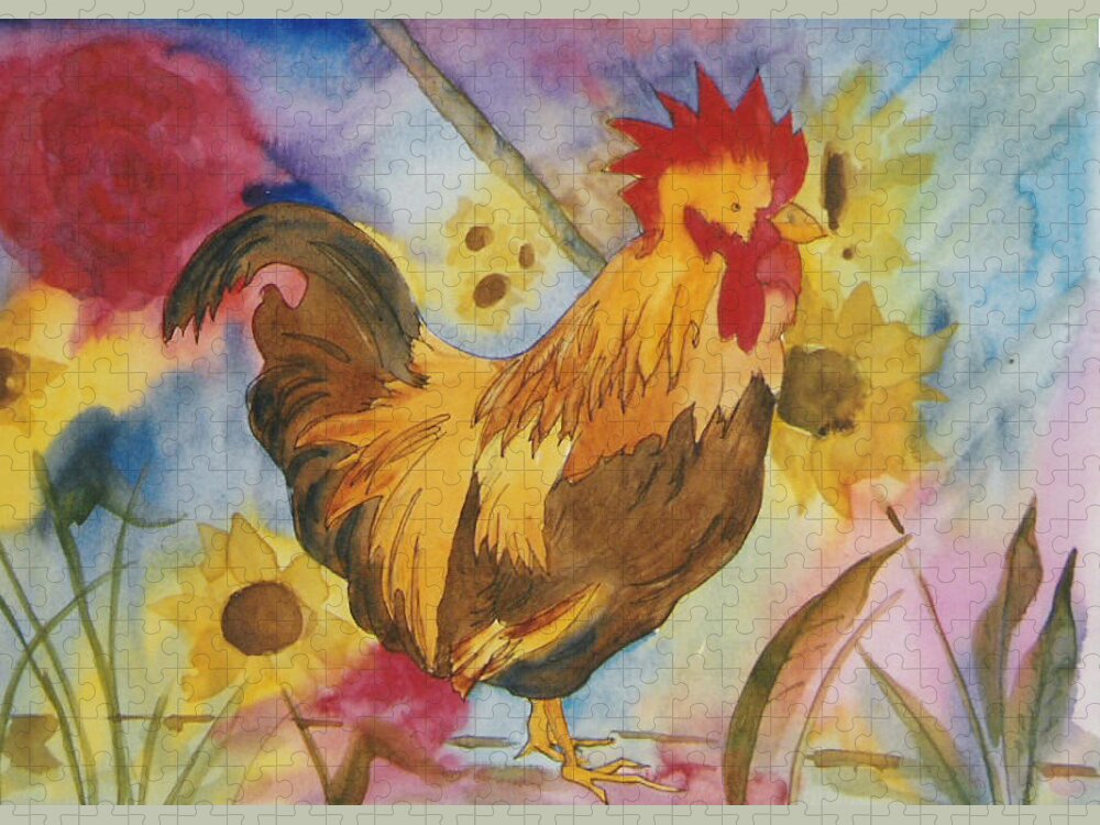 Watercolor Jigsaw Puzzle featuring the painting Ready to Crow by Mary Ellen Mueller Legault
