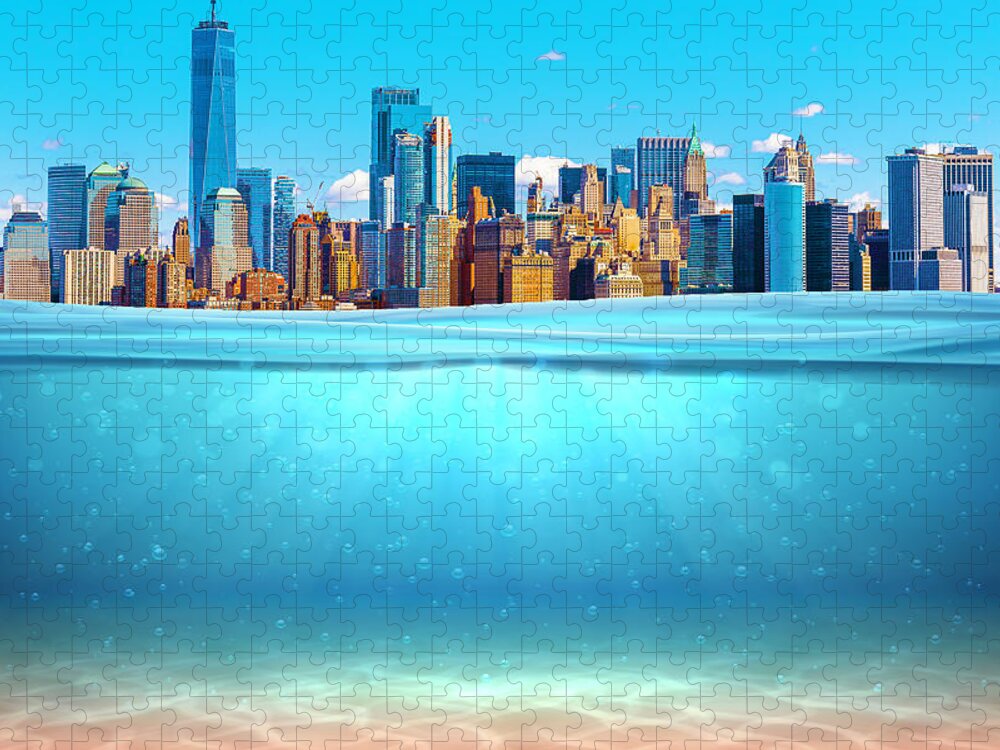 Realistic Jigsaw Puzzle featuring the painting Realistic underwater background New York Manhattan Ocean deep water, sea under wat by Tony Rubino