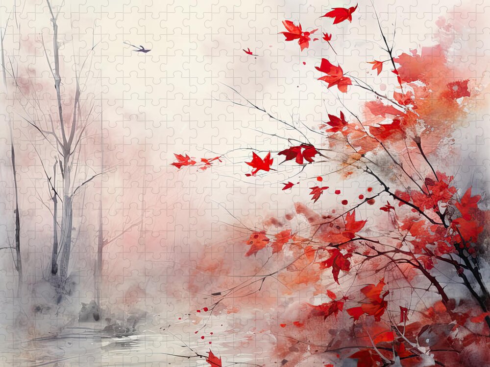 Gray And Red Art Jigsaw Puzzle featuring the painting Red Autumn Leaves by Lourry Legarde