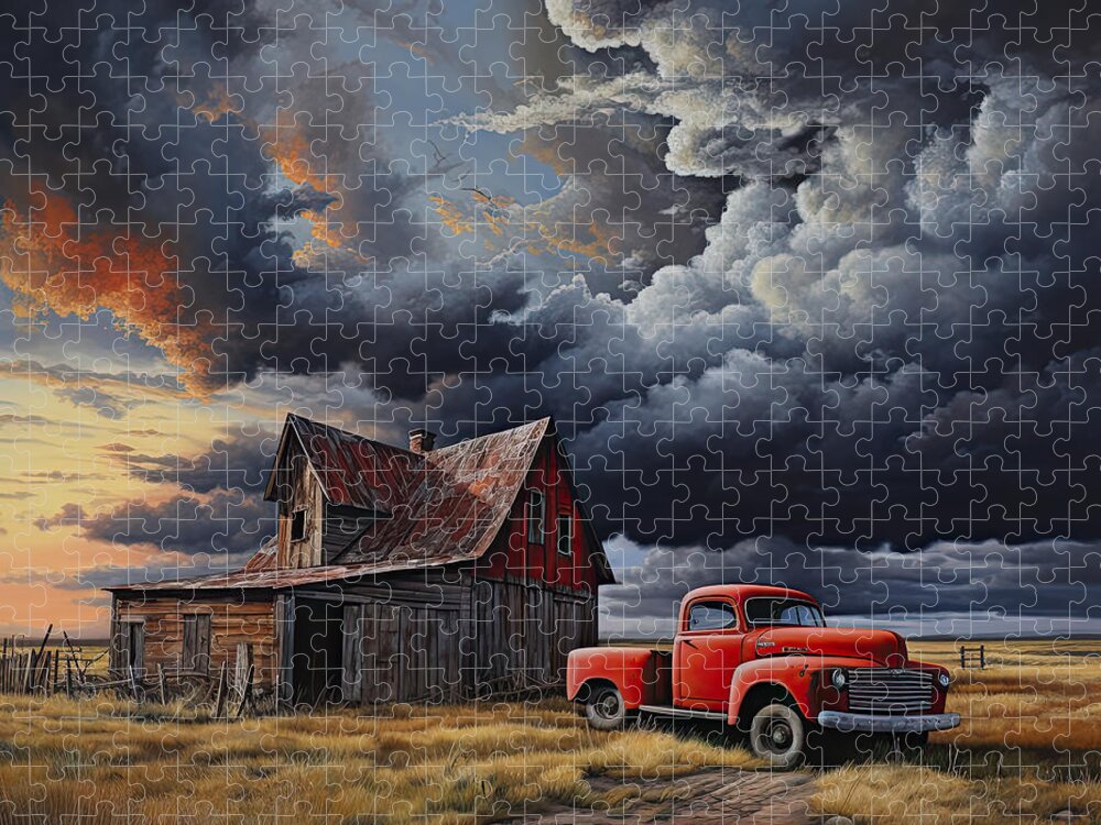 Red Barn Jigsaw Puzzle featuring the painting Red Barn Countryside - Red Barn Art by Lourry Legarde