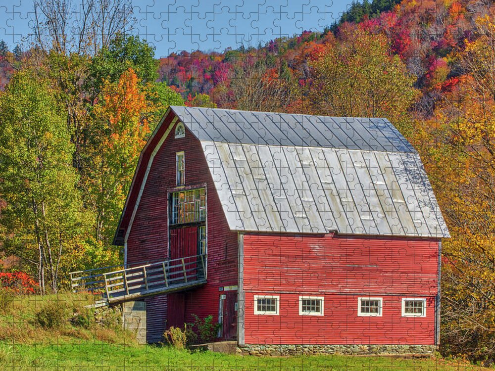 Red Barn Jigsaw Puzzle featuring the photograph Red Barn framed by Fall Foliage at Vermont Route 100 by Juergen Roth