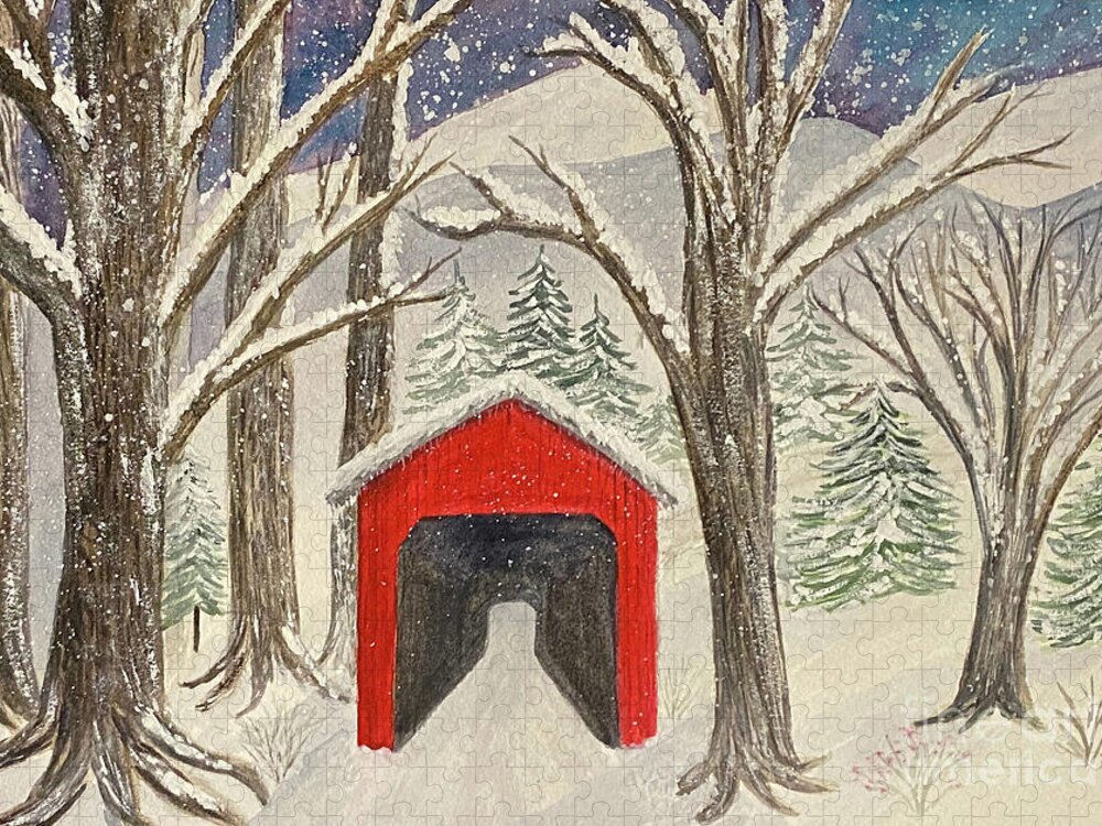 Covered Bridge Jigsaw Puzzle featuring the painting Red Bridge in the Snow by Lisa Neuman