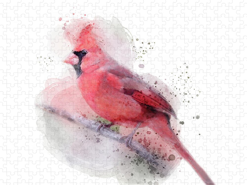 Red Cardinal Jigsaw Puzzle featuring the digital art Red Cardinal Watercolor by Jayne Carney