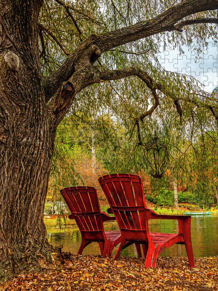 Carolina Jigsaw Puzzle featuring the photograph Red Chairs at the Pond by Debra and Dave Vanderlaan