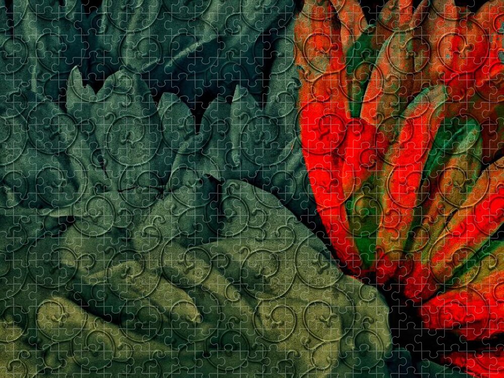 Abstract Jigsaw Puzzle featuring the mixed media Red Embossed Flower by Bonnie Bruno