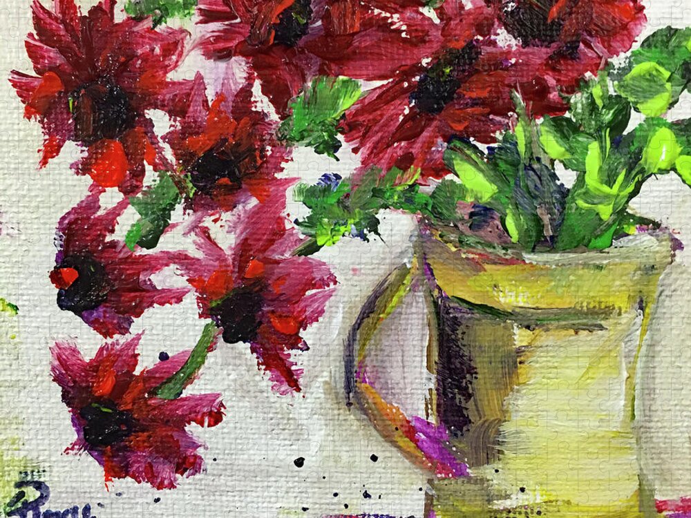 Red Flowers Jigsaw Puzzle featuring the painting Red Flowers in a Yellow Pitcher by Roxy Rich