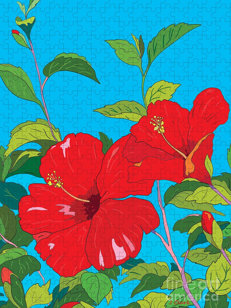 Red Jigsaw Puzzle featuring the digital art Red Hibiscus by John Clark