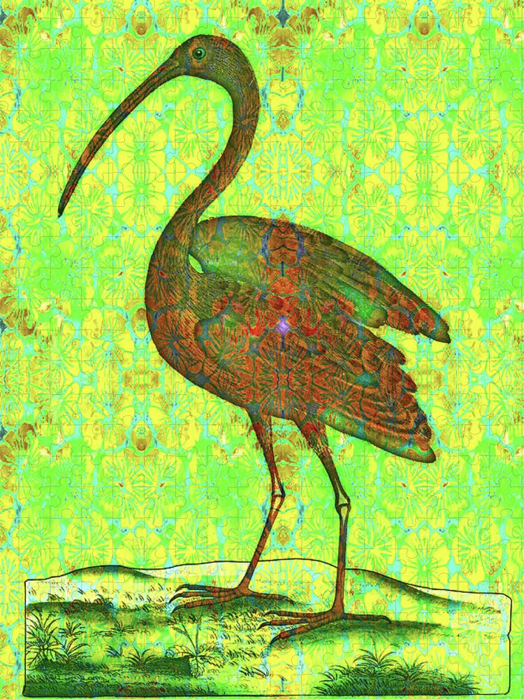 Ibis Jigsaw Puzzle featuring the digital art Red ibis on green brocade by Lorena Cassady