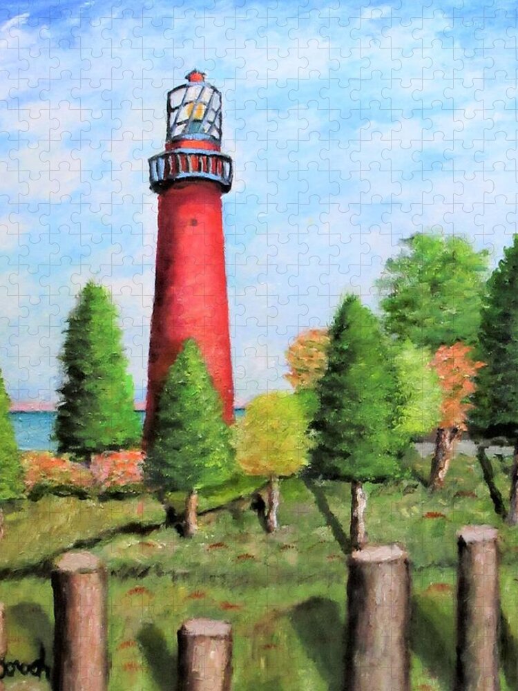 Landscape Jigsaw Puzzle featuring the painting Red Lighthouse by Gregory Dorosh