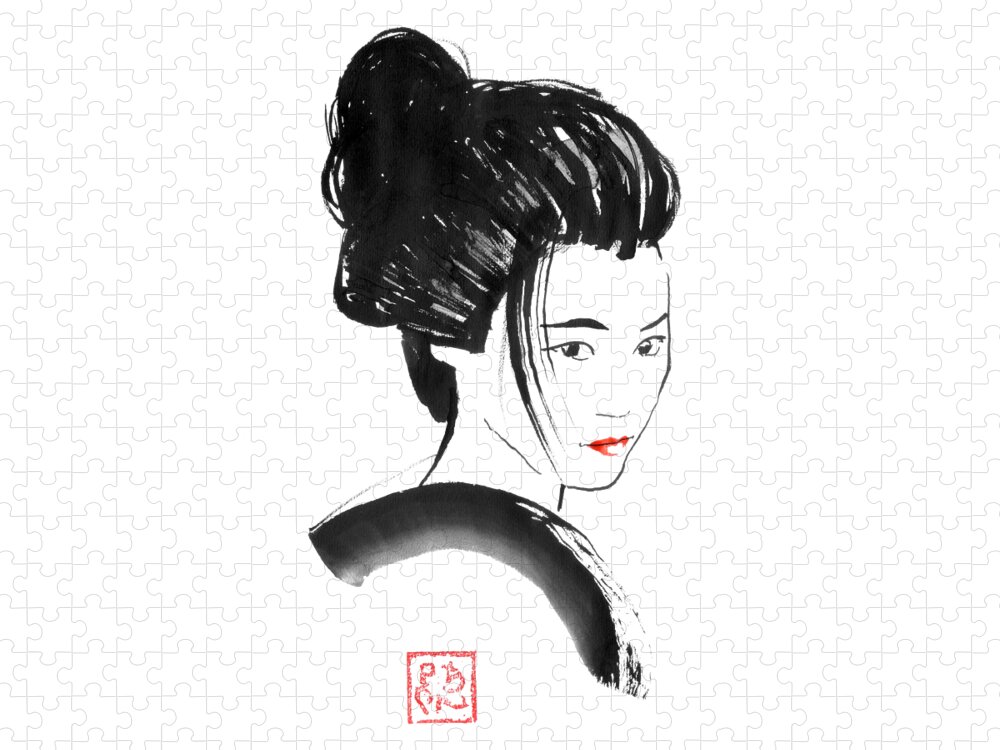 Geisha Jigsaw Puzzle featuring the drawing Red Lips Geisha by Pechane Sumie