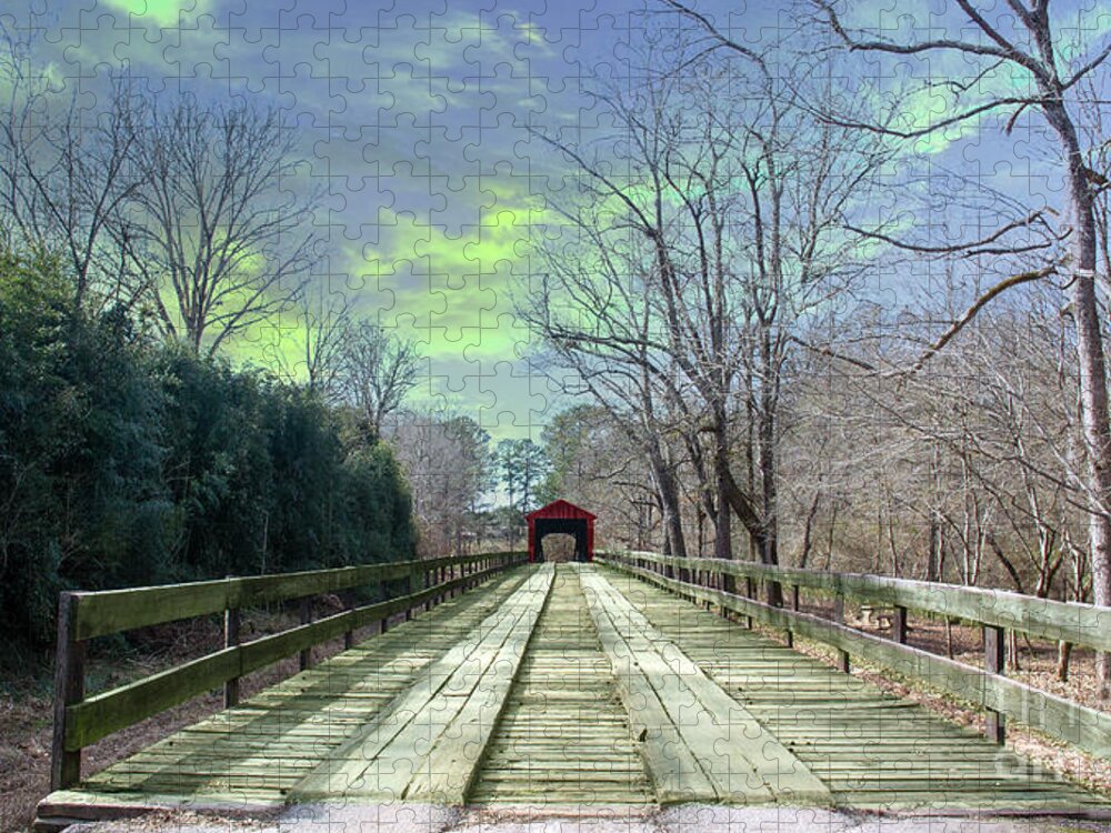 New Jersey Jigsaw Puzzle featuring the digital art Red Oak Creek Covered Bridge by Anthony Ellis