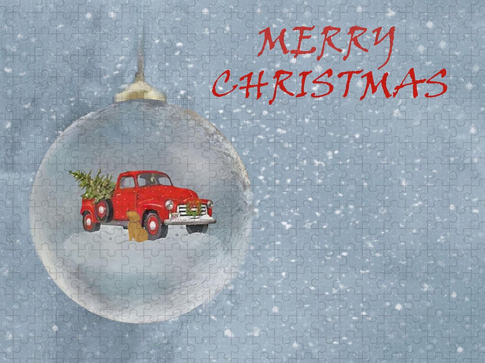 Merry Christmas Jigsaw Puzzle featuring the mixed media Red Pickup Truck And Christmas Tree And Dog2 Ornament Square by Sandi OReilly