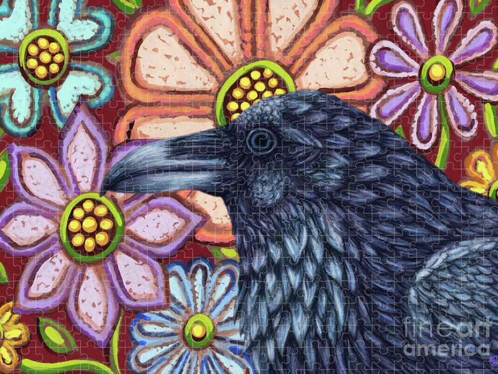Raven Jigsaw Puzzle featuring the painting Red Raven Floral by Amy E Fraser