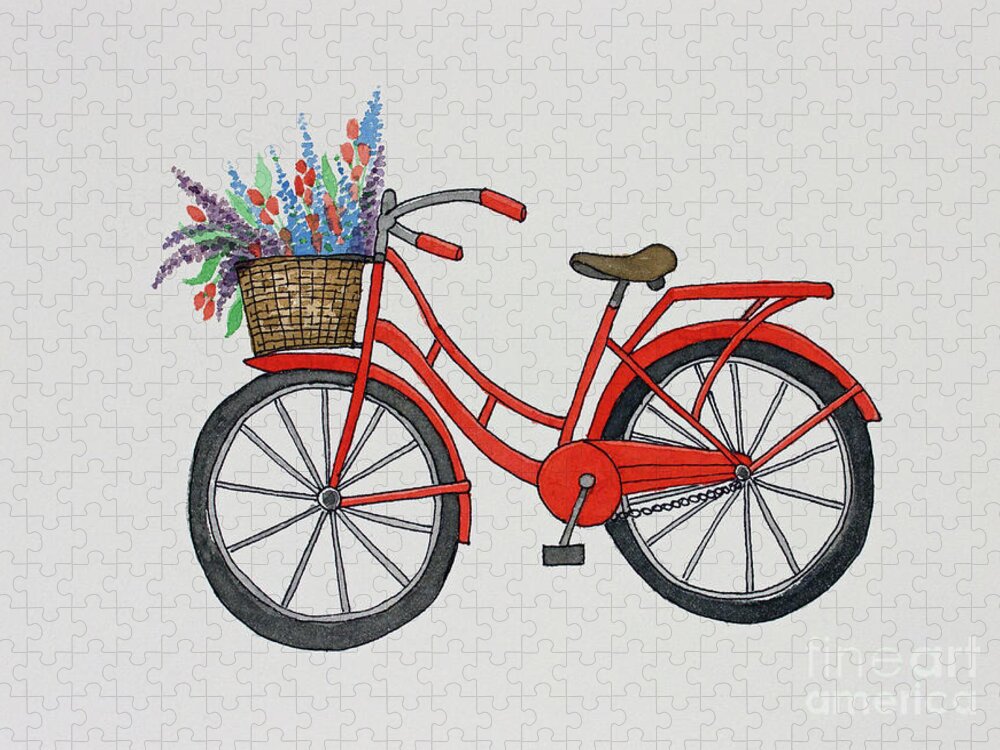 Red Retro Cruiser Bicycle Watercolor Painting Jigsaw Puzzle featuring the painting Red Retro Cruiser by Norma Appleton