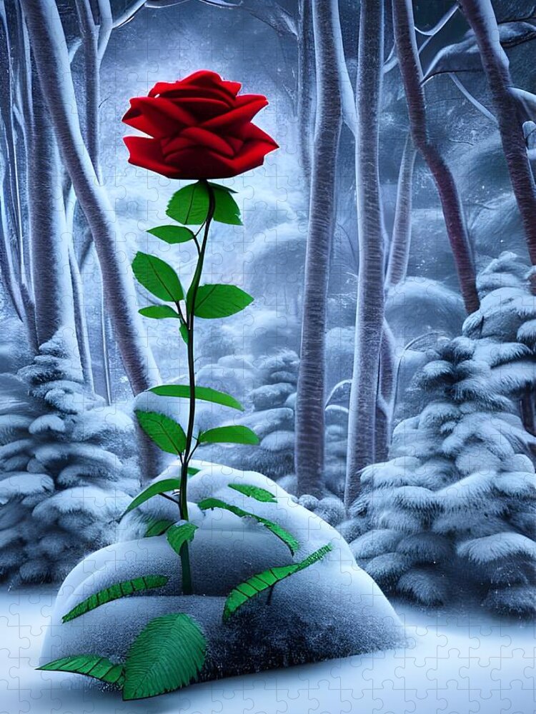 Digital Jigsaw Puzzle featuring the digital art Red Rose in the Snow by Beverly Read