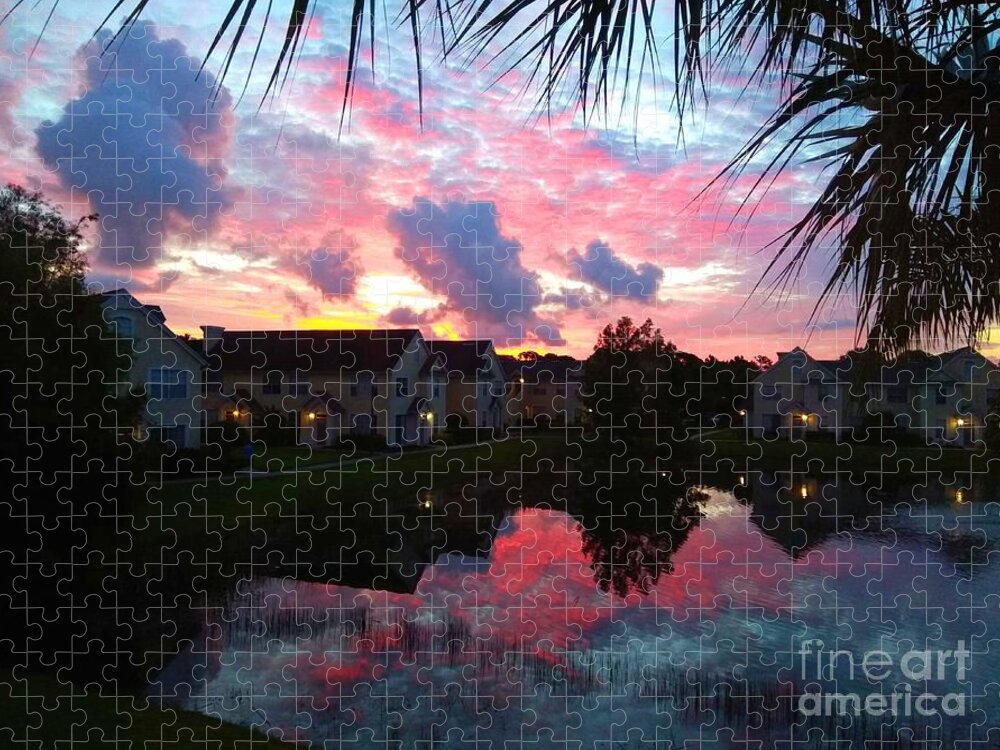 Sunrise Jigsaw Puzzle featuring the photograph Red Sunrise Reflection Fort Myers FL by Claudia Zahnd-Prezioso