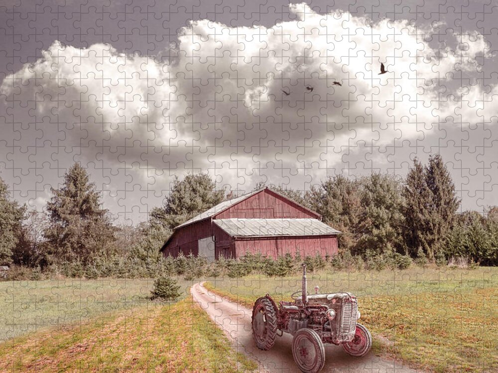 Barn Jigsaw Puzzle featuring the photograph Red Tractor on the Farmhouse Trail by Debra and Dave Vanderlaan