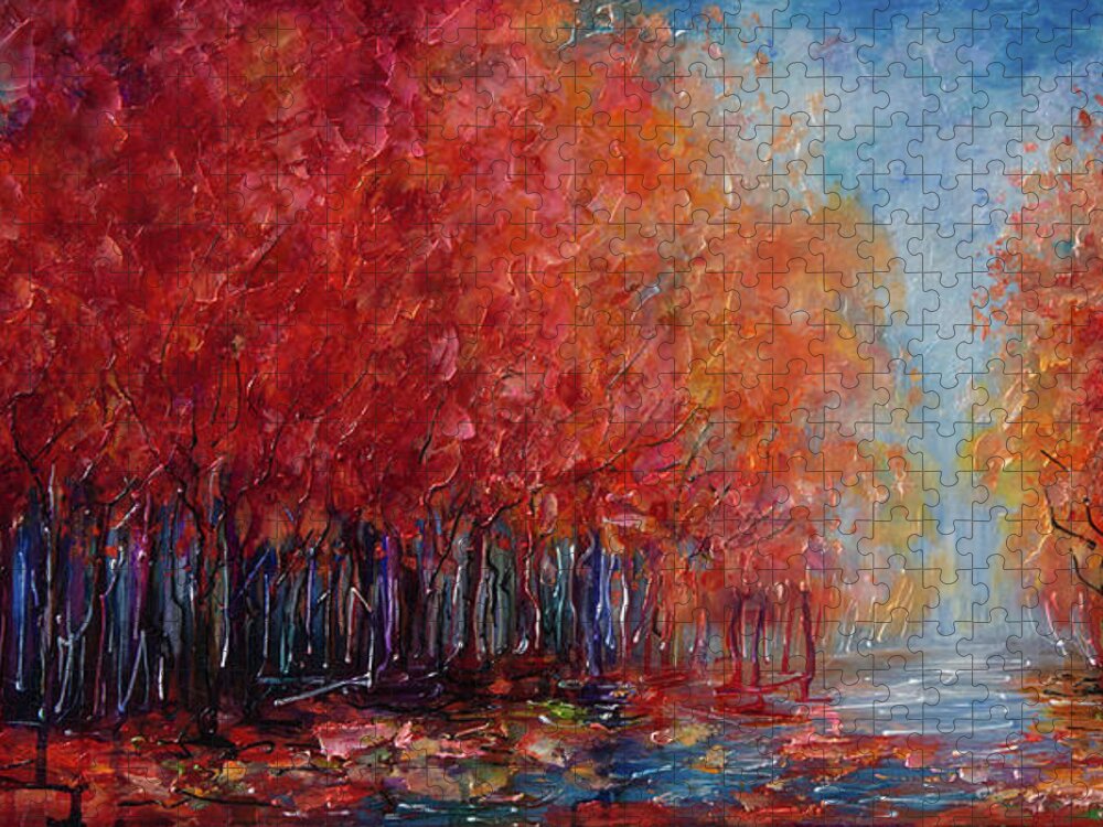  Jigsaw Puzzle featuring the painting Red Autumn Trees in a Fall forest Palette Knife Oil Painting by Lena Owens - OLena Art Vibrant Palette Knife and Graphic Design