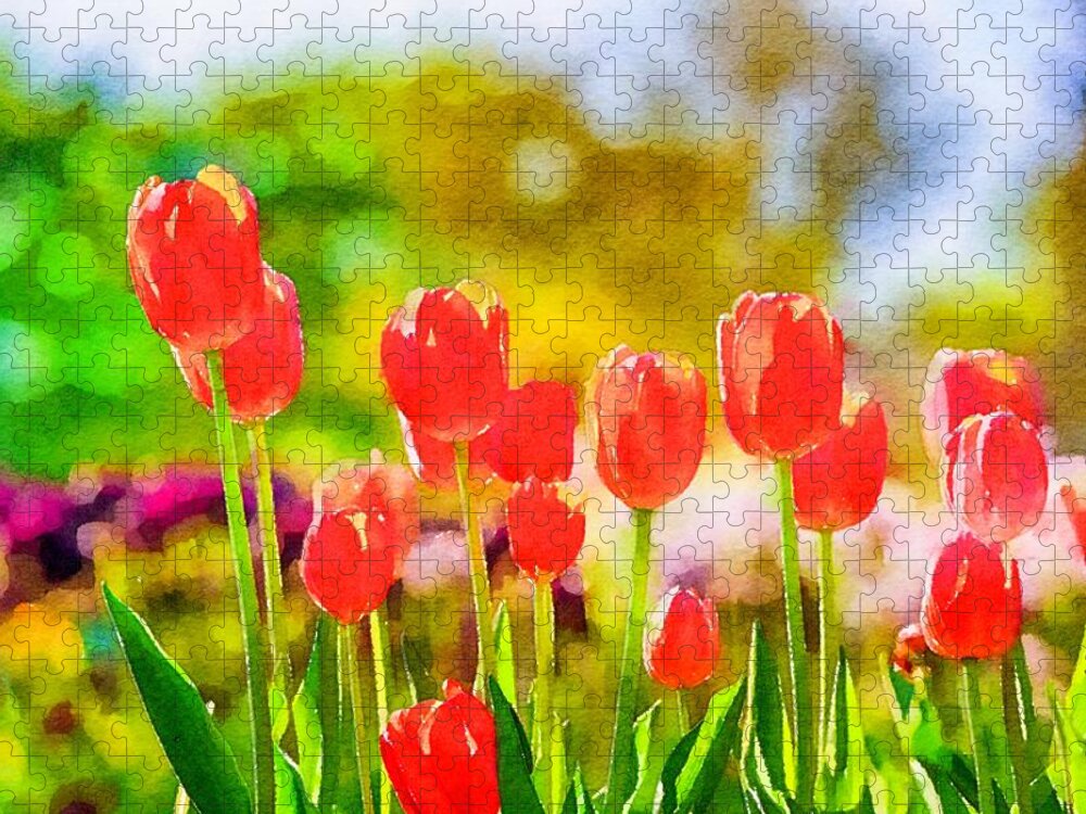 Tulips Jigsaw Puzzle featuring the photograph Red Tulips Watercolor by Susan Rydberg
