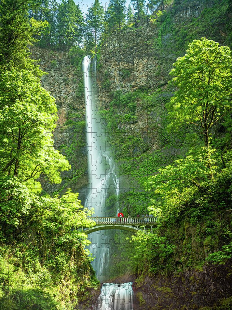 Multnomah Falls Jigsaw Puzzle featuring the photograph Red Umbrella Under the Multnomah Falls by Erin K Images