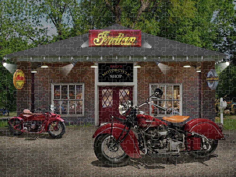 Indian Motorcycles Jigsaw Puzzle featuring the photograph Reds Motorcycle Shop C by Mike McGlothlen