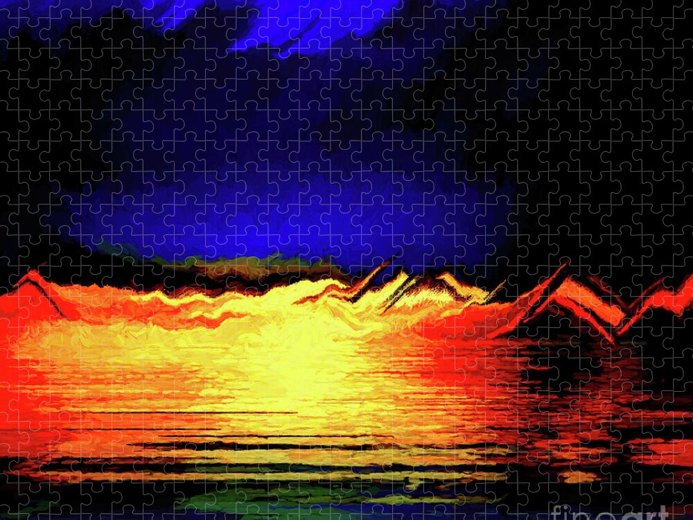 Geometric Jigsaw Puzzle featuring the digital art Reflection of a Blue Sunset Abstract by Diana Mary Sharpton