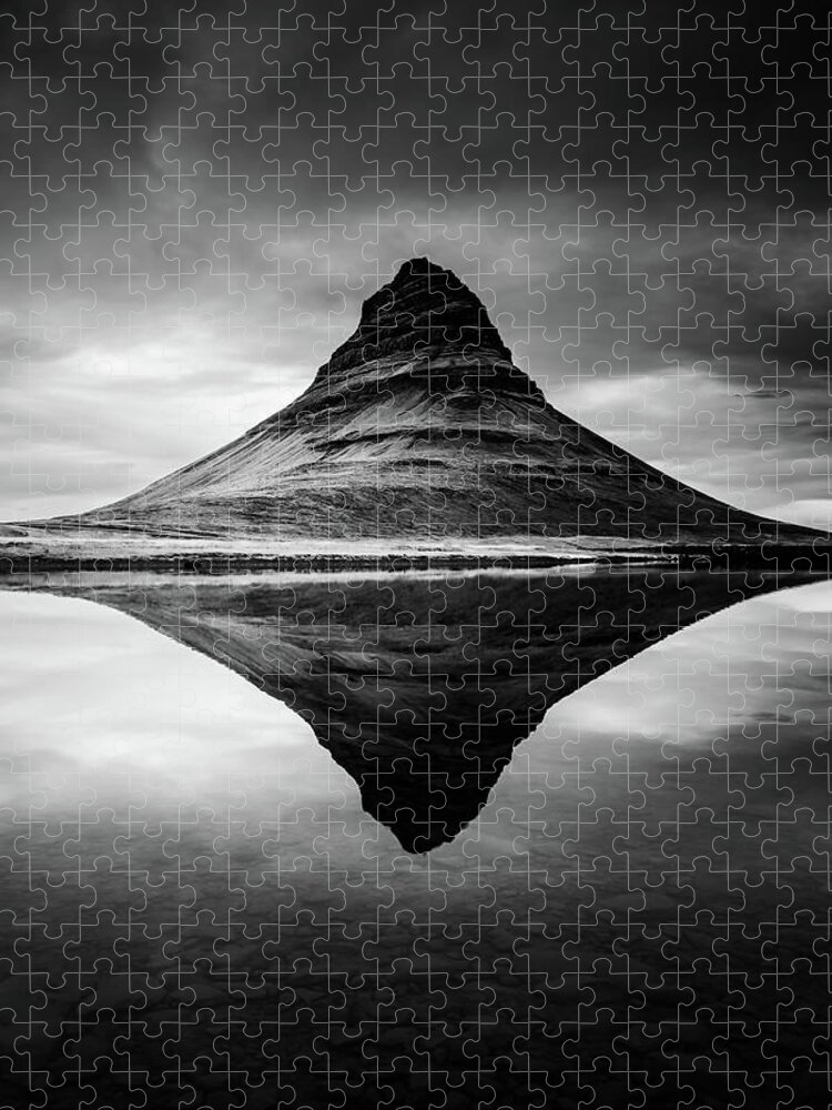 Kirkjufell Jigsaw Puzzle featuring the photograph Reflection of Kirkjufell Mountain in Iceland in Black and White by Alexios Ntounas