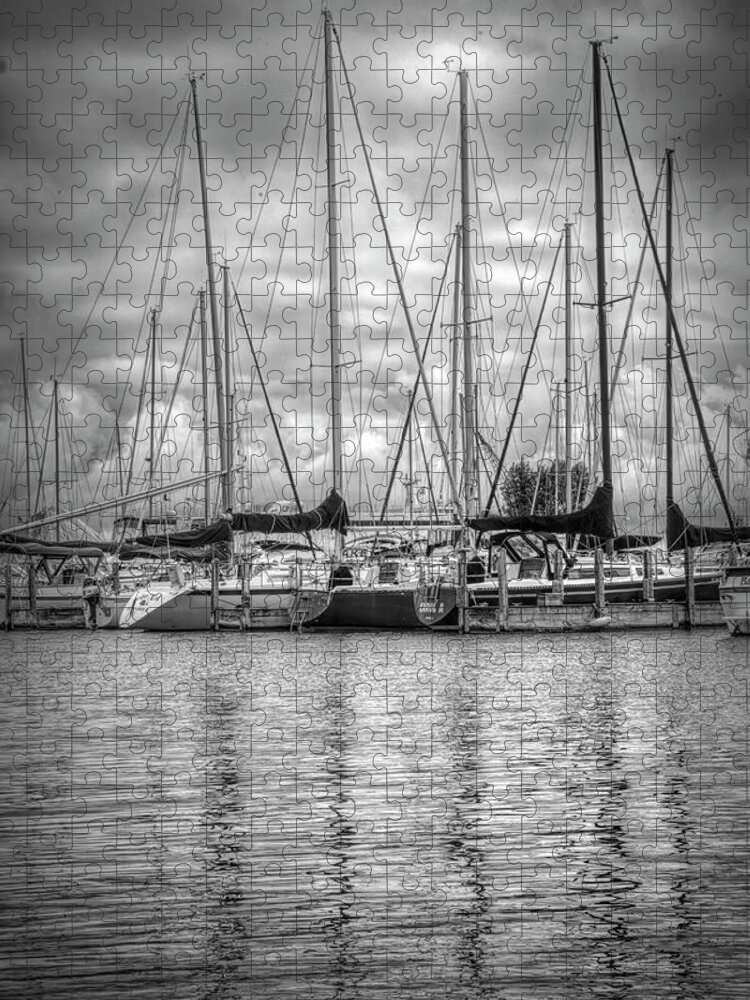 Boats Jigsaw Puzzle featuring the photograph Reflections and Boats at the Harbor in Black and White by Debra and Dave Vanderlaan