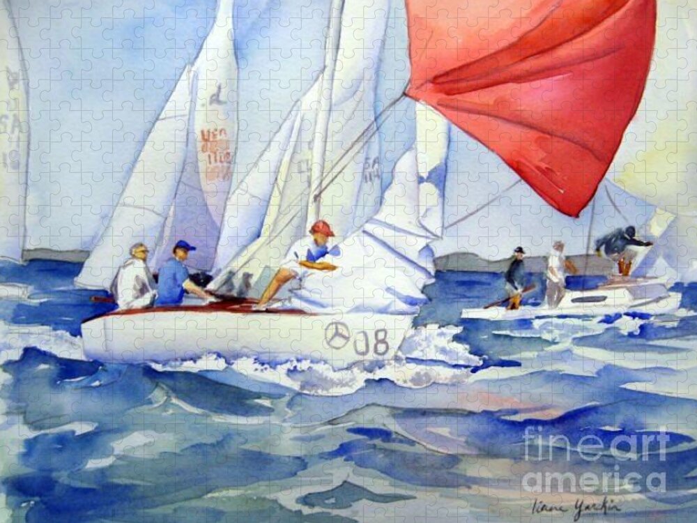 Sailboat Jigsaw Puzzle featuring the painting Regatta Win by Liana Yarckin