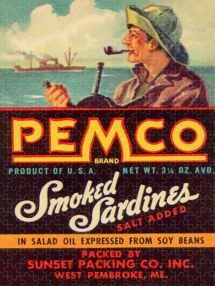 Vintage Jigsaw Puzzle featuring the drawing Remco Smoked Sardines by Vintage Food Labels