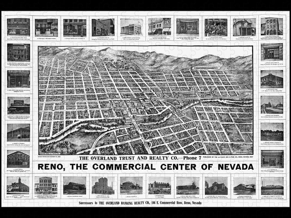 Reno Jigsaw Puzzle featuring the photograph Reno Nevada Vintage Map Birds Eye View 1907 Black and White by Carol Japp