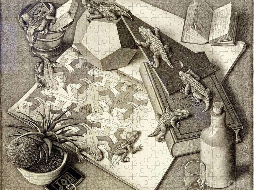 Crocodiles Jigsaw Puzzle featuring the drawing Reptiles by MC Escher