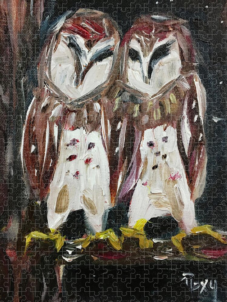 Owls Jigsaw Puzzle featuring the painting Resident Gangstas Backyard Barn Owls by Roxy Rich