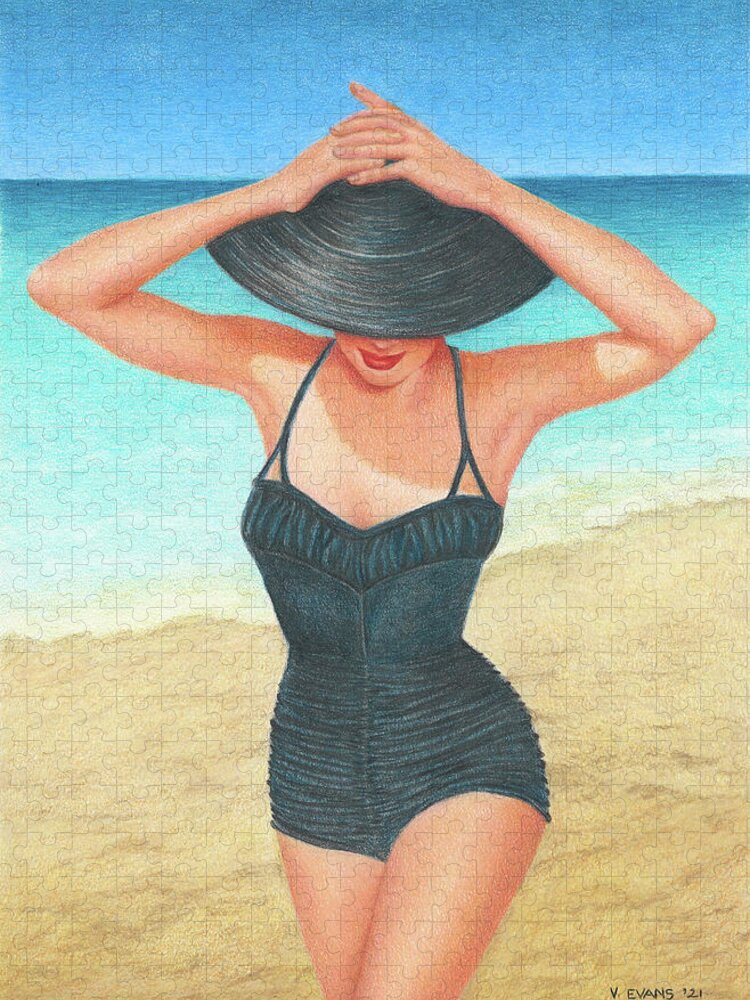 1950's Bathing Suits; Girl In A Black Straw Hat; Strolling On The Beach; Caribbean Beach Jigsaw Puzzle featuring the painting Retro Bathing Suit by Valerie Evans