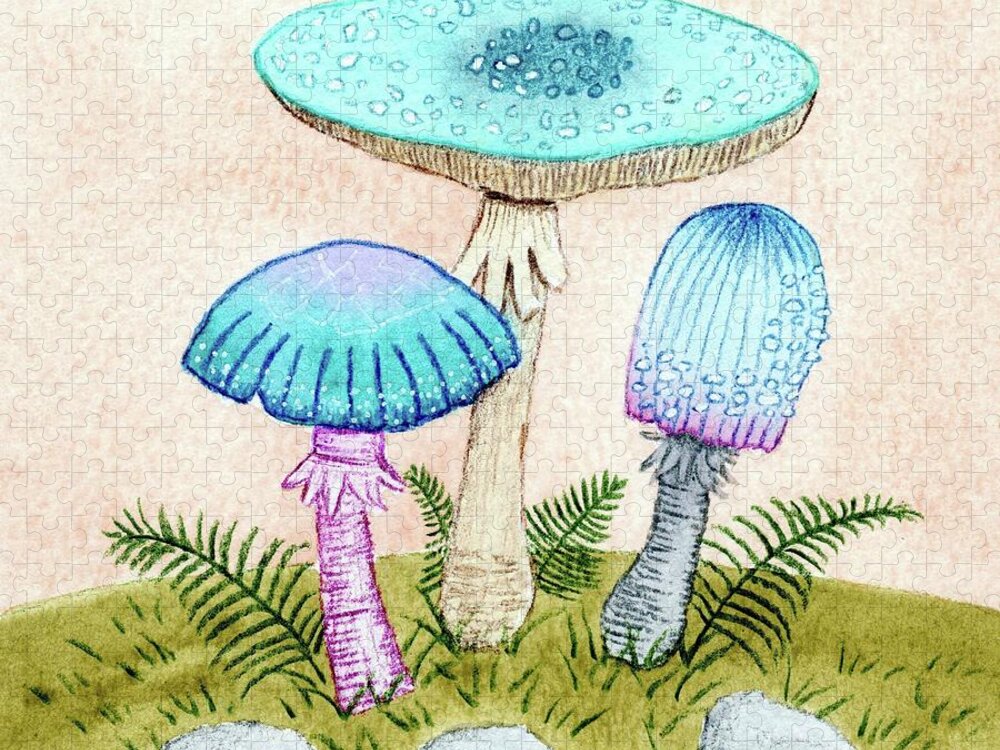 Retro Mushrooms Jigsaw Puzzle featuring the painting Retro Mushrooms 2 by Donna Mibus