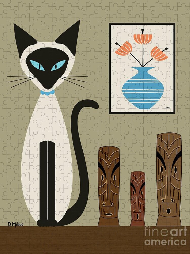 Mid Century Cat Jigsaw Puzzle featuring the digital art Retro Siamese with Tikis by Donna Mibus