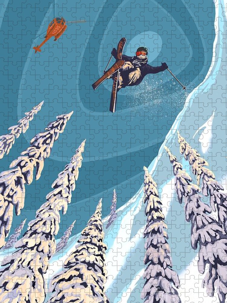 Retro Ski Art Jigsaw Puzzle featuring the painting Retro Ski Jumper Heli Ski by Sassan Filsoof