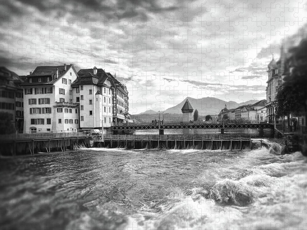 Lucerne Jigsaw Puzzle featuring the photograph Reuss River Lucerne Switzerland Black and White by Carol Japp