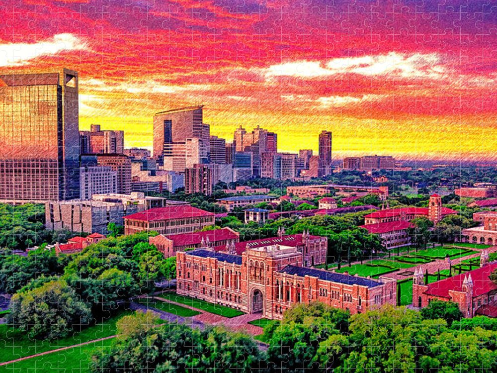 Rice University Jigsaw Puzzle featuring the digital art Rice University campus with the Texas Medical Center seen in the distance at sunset, in Houston by Nicko Prints