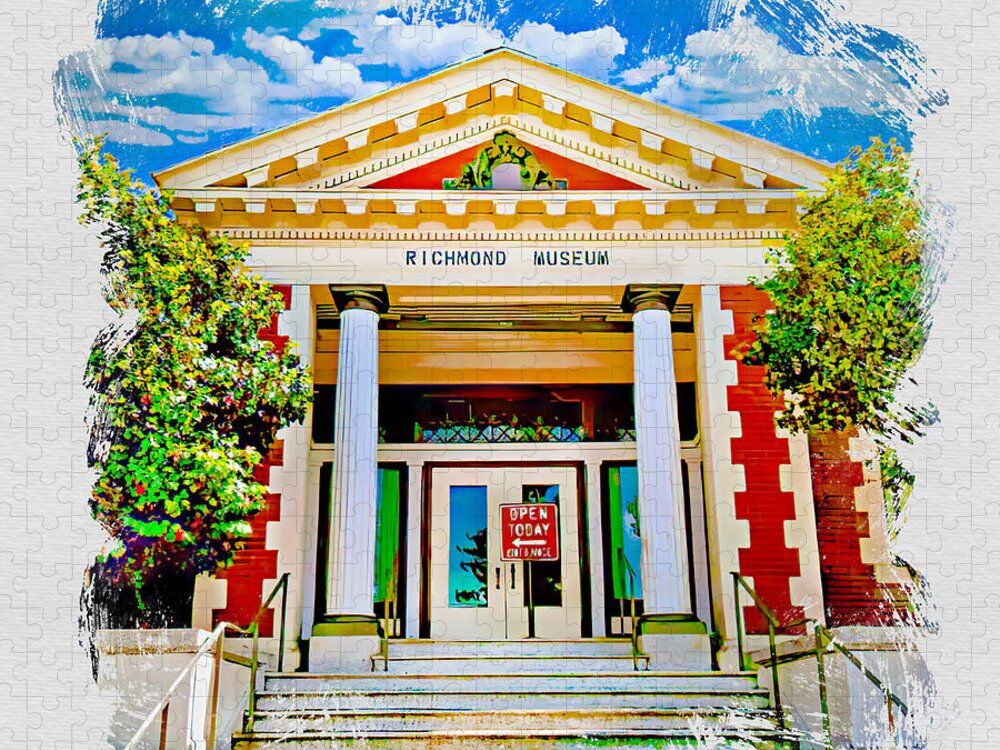 Richmond Museum Jigsaw Puzzle featuring the digital art Richmond Museum of History and Culture, Richmond, California - watercolor painting by Nicko Prints