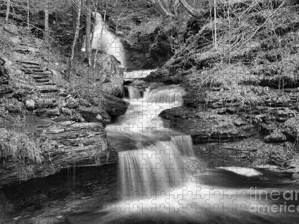Ricketts Jigsaw Puzzle featuring the photograph Ricketts Glen Fall Cascades Landscape Black And White by Adam Jewell