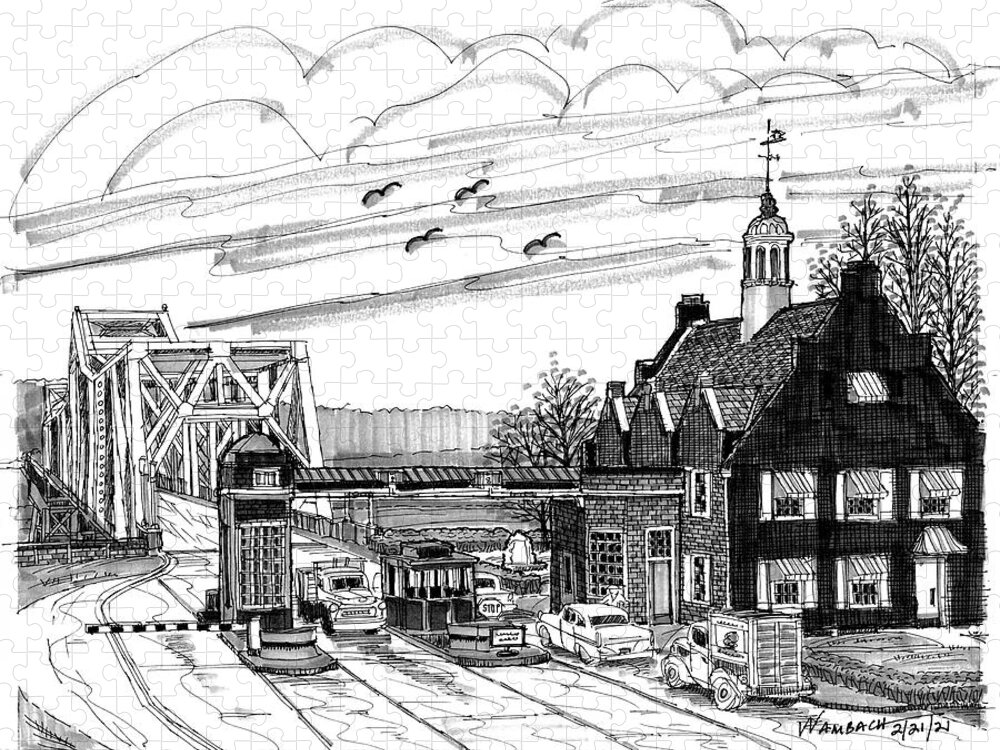 Hudson River Bridges Jigsaw Puzzle featuring the drawing Rip Van Winkle Bridge Catskill NY by Richard Wambach