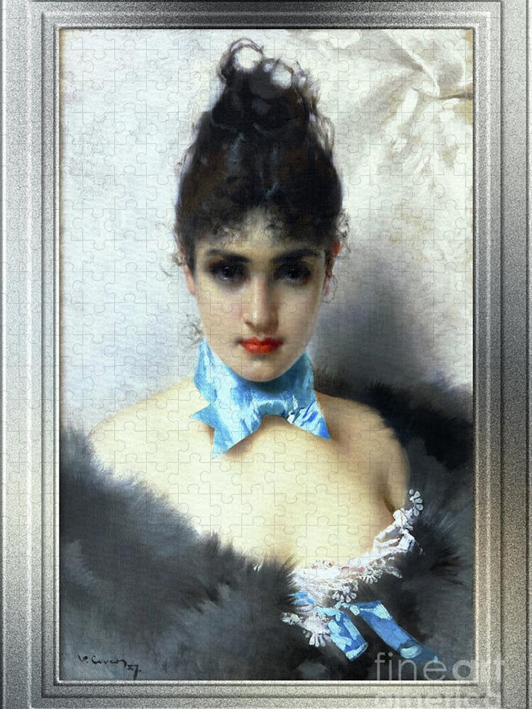 Portrait Of An Elegant Woman Jigsaw Puzzle featuring the painting Ritratto Di Donna Elegante by Vittorio Matteo Corcos Classical Art Old Masters Reproduction by Rolando Burbon