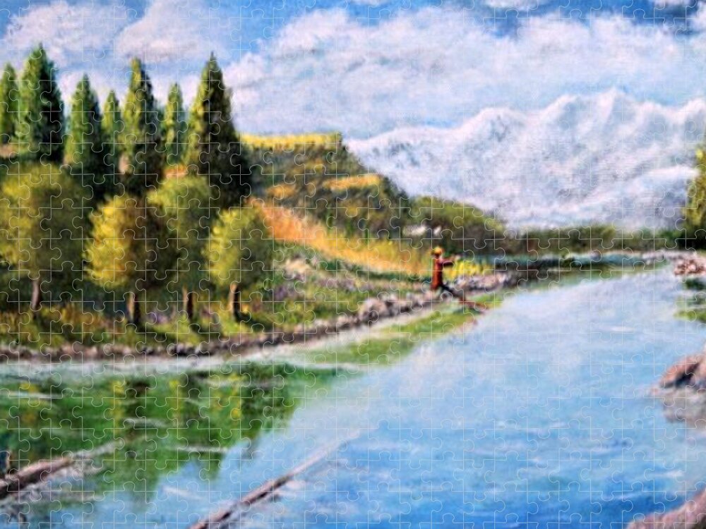 Landscape Jigsaw Puzzle featuring the painting River Greeting by Gregory Dorosh