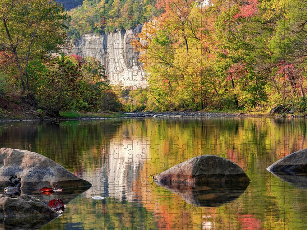 Roark Bluff Jigsaw Puzzle featuring the photograph River Rocks In The Buffalo National River At Roark Bluff - Autumn Panorama by Gregory Ballos