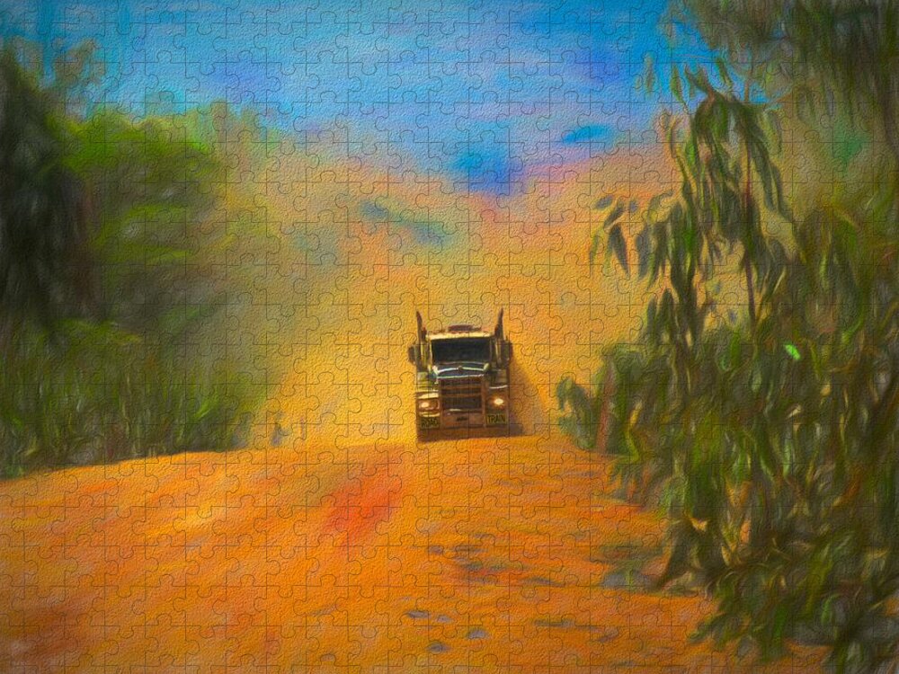 Road Scene Jigsaw Puzzle featuring the mixed media Road Train to Pormpuraaw Cape York Queensland Australia by Joan Stratton