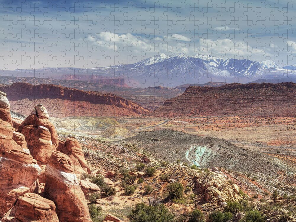 Arches Jigsaw Puzzle featuring the photograph Road Trip -La Sal range from Fiery Furnace overlook at Arches National Park in Utah near Moab by Peter Herman