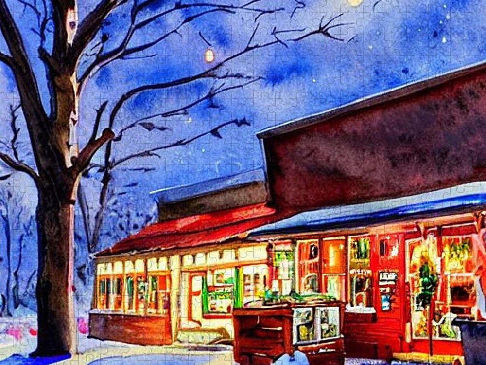 Stanhope Jigsaw Puzzle featuring the painting Roadside Stand Stanhope, New Jersey in the Snow by Christopher Lotito