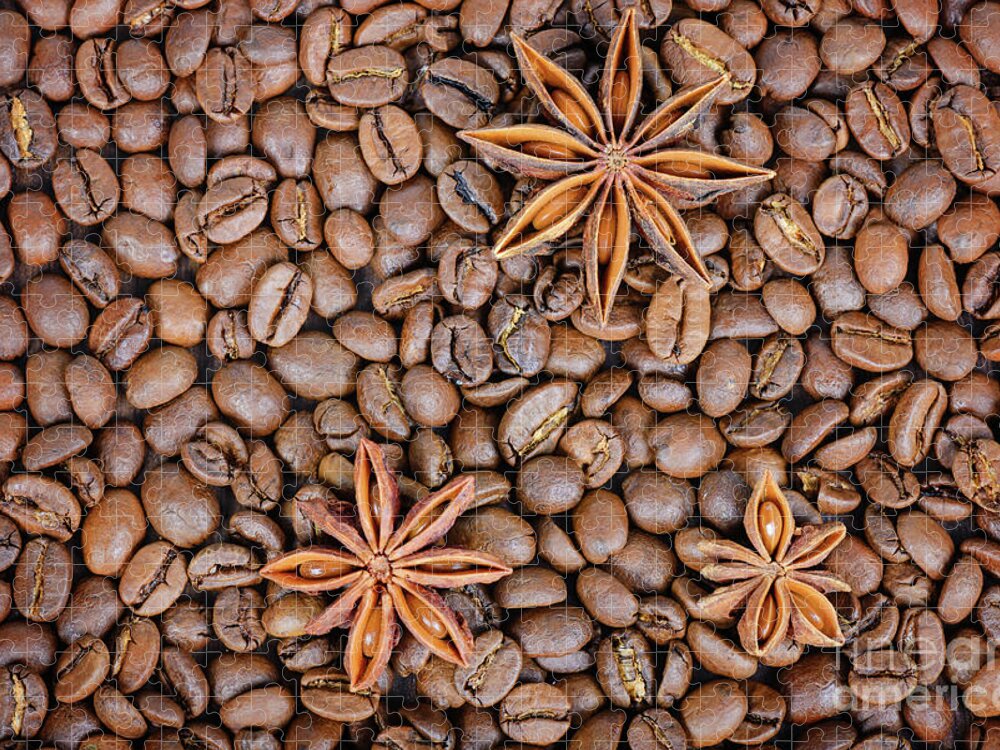 Coffee Beans Jigsaw Puzzle featuring the photograph Roasted coffee beans with star-anise by Beautiful Things
